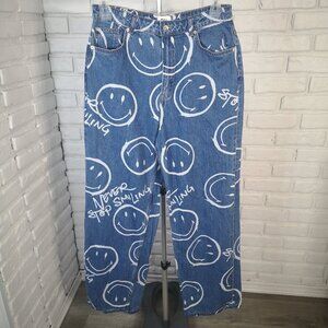 Smiley x H&M Ladies Size 10 Medium Wash w/ White Wide Straight Leg Jeans